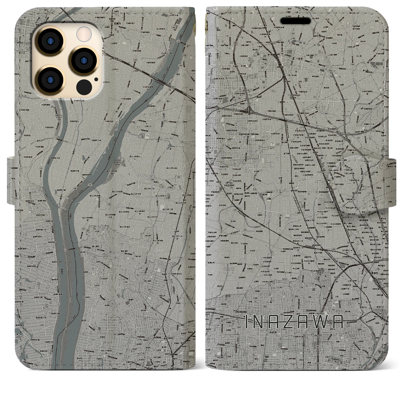 【稲沢(愛知県)】地図柄iPhoneケース(手帳タイプ)モノトーン・iPhone 12 Pro Max 用