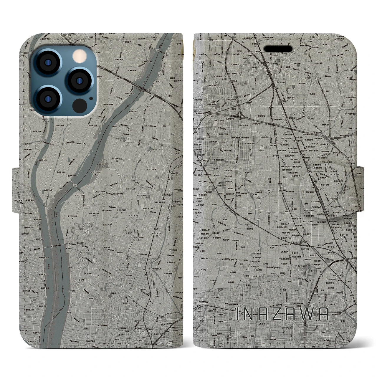 【稲沢(愛知県)】地図柄iPhoneケース(手帳タイプ)モノトーン・iPhone 12 / 12 Pro 用