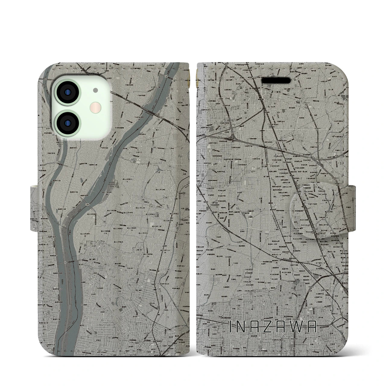 【稲沢(愛知県)】地図柄iPhoneケース(手帳タイプ)モノトーン・iPhone 12 mini 用