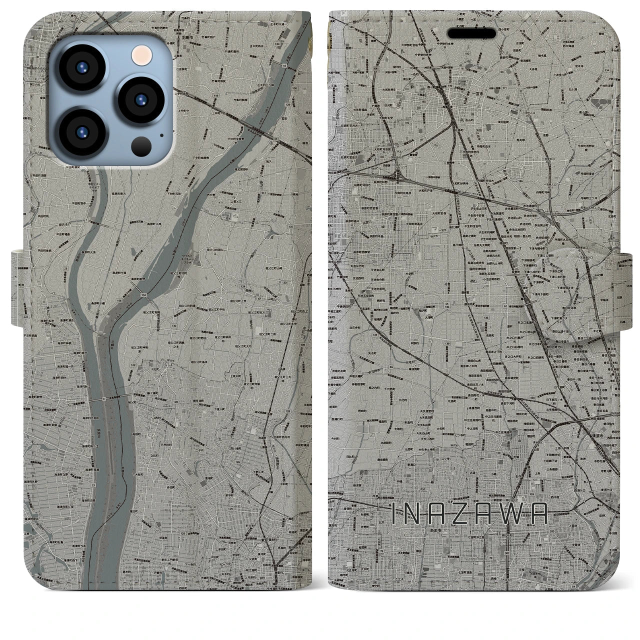 【稲沢(愛知県)】地図柄iPhoneケース(手帳タイプ)モノトーン・iPhone 13 Pro Max 用