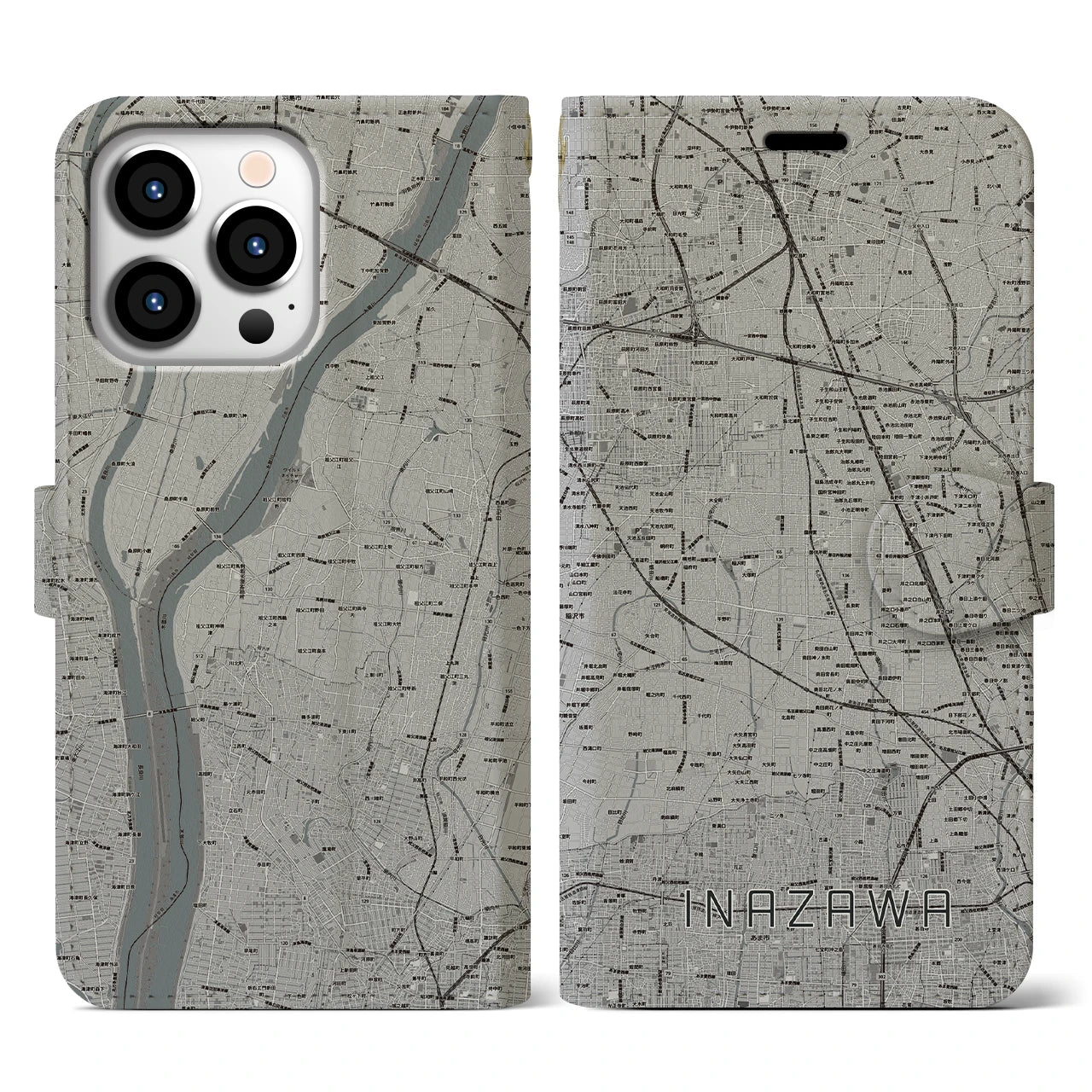 【稲沢(愛知県)】地図柄iPhoneケース(手帳タイプ)モノトーン・iPhone 13 Pro 用