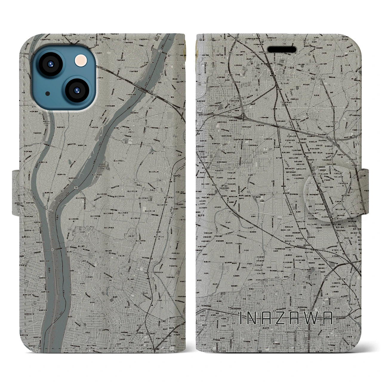 【稲沢(愛知県)】地図柄iPhoneケース(手帳タイプ)モノトーン・iPhone 13 用