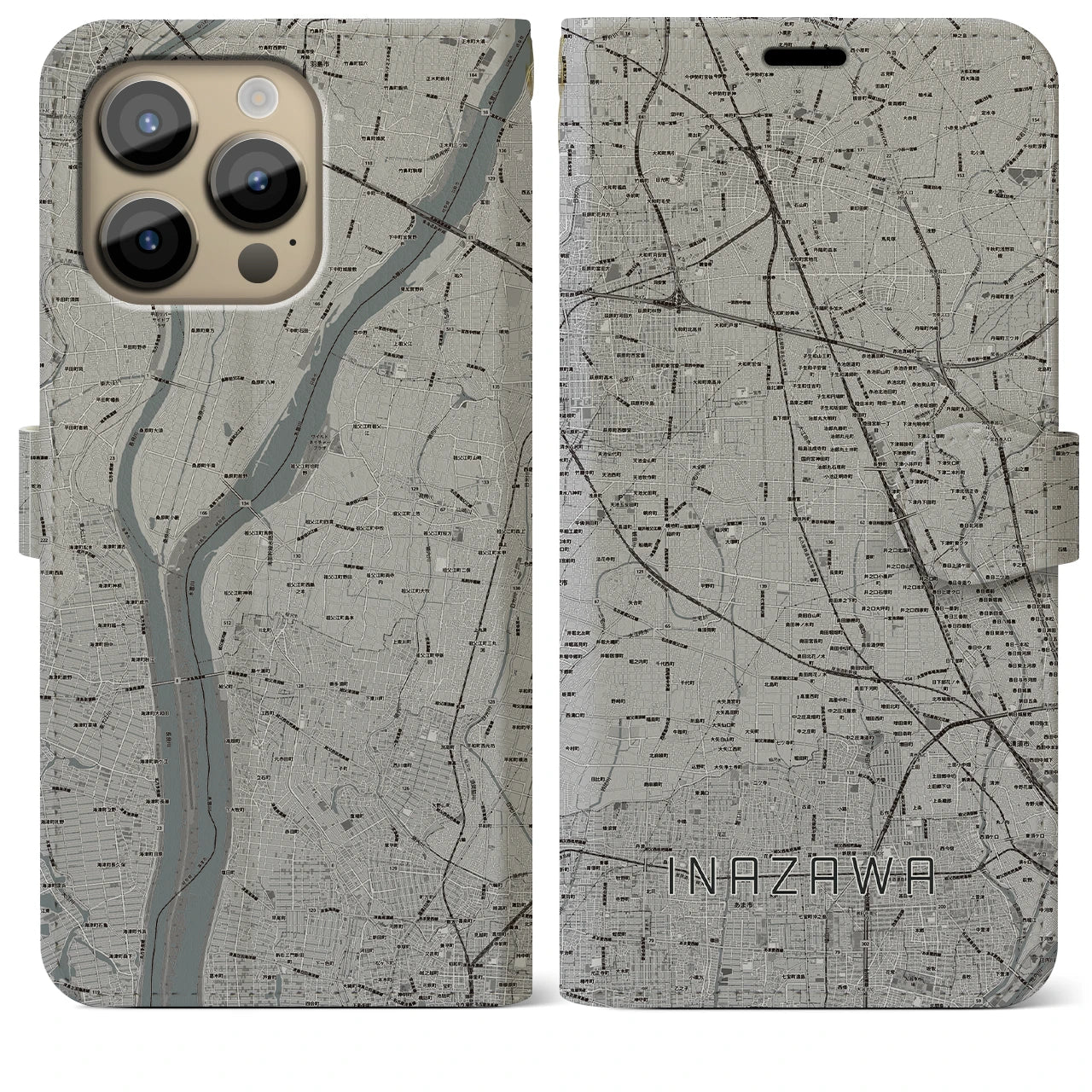 【稲沢(愛知県)】地図柄iPhoneケース(手帳タイプ)モノトーン・iPhone 14 Pro Max 用