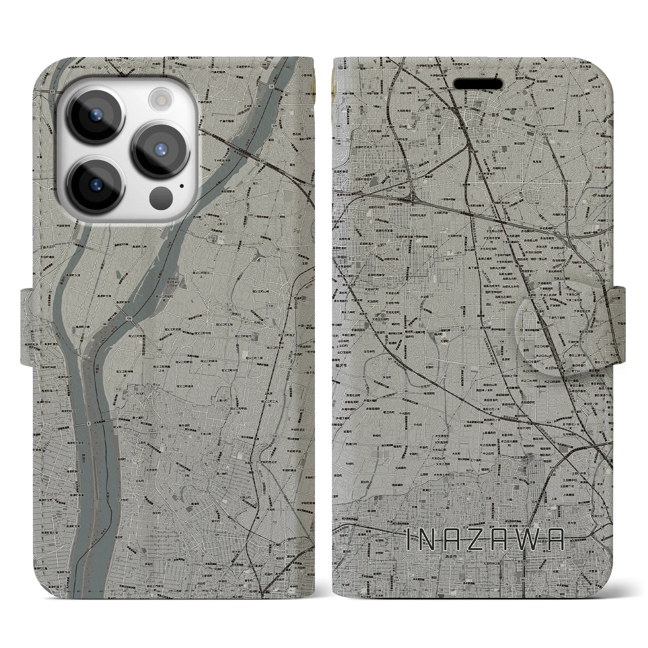【稲沢(愛知県)】地図柄iPhoneケース(手帳タイプ)モノトーン・iPhone 14 Pro 用