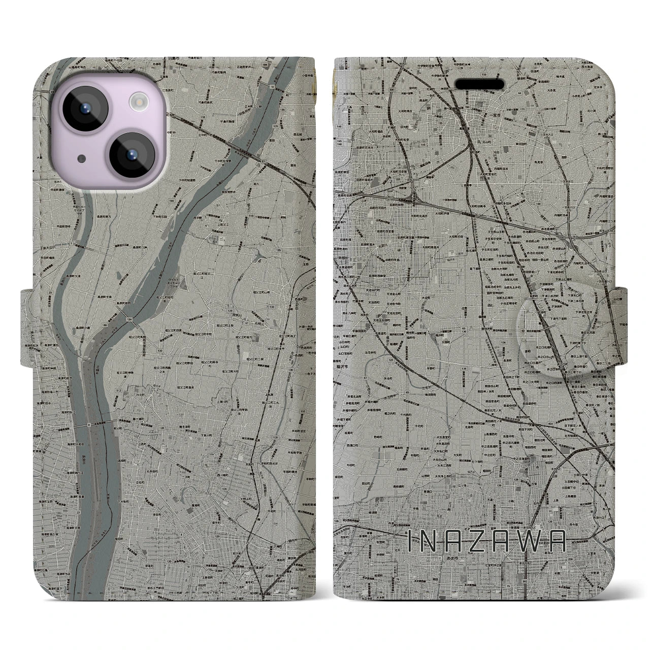 【稲沢(愛知県)】地図柄iPhoneケース(手帳タイプ)モノトーン・iPhone 14 用