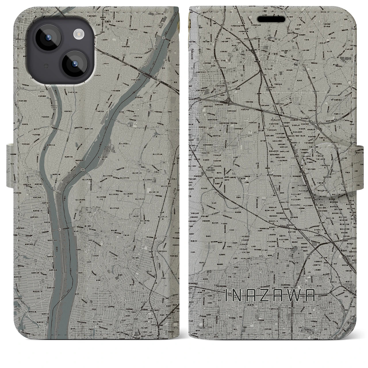 【稲沢(愛知県)】地図柄iPhoneケース(手帳タイプ)モノトーン・iPhone 14 Plus 用