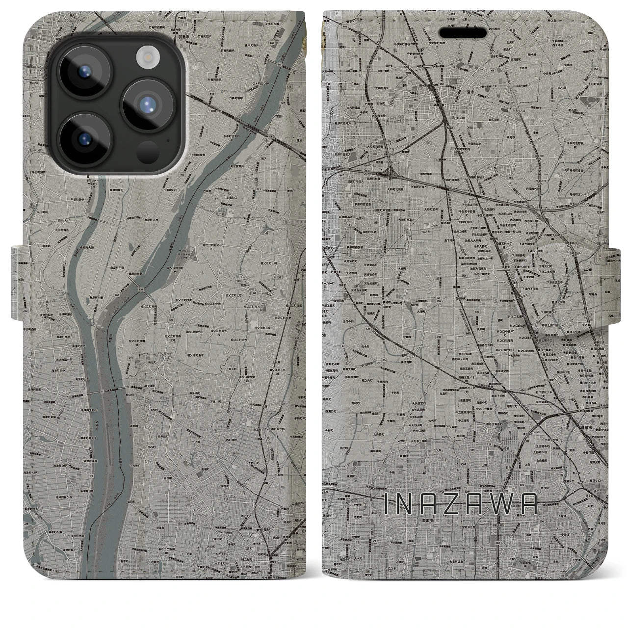 【稲沢(愛知県)】地図柄iPhoneケース(手帳タイプ)モノトーン・iPhone 15 Pro Max 用