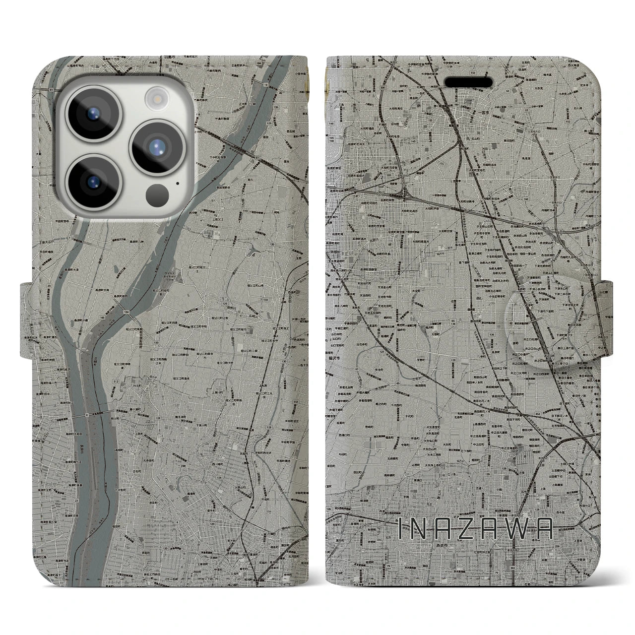 【稲沢(愛知県)】地図柄iPhoneケース(手帳タイプ)モノトーン・iPhone 15 Pro 用