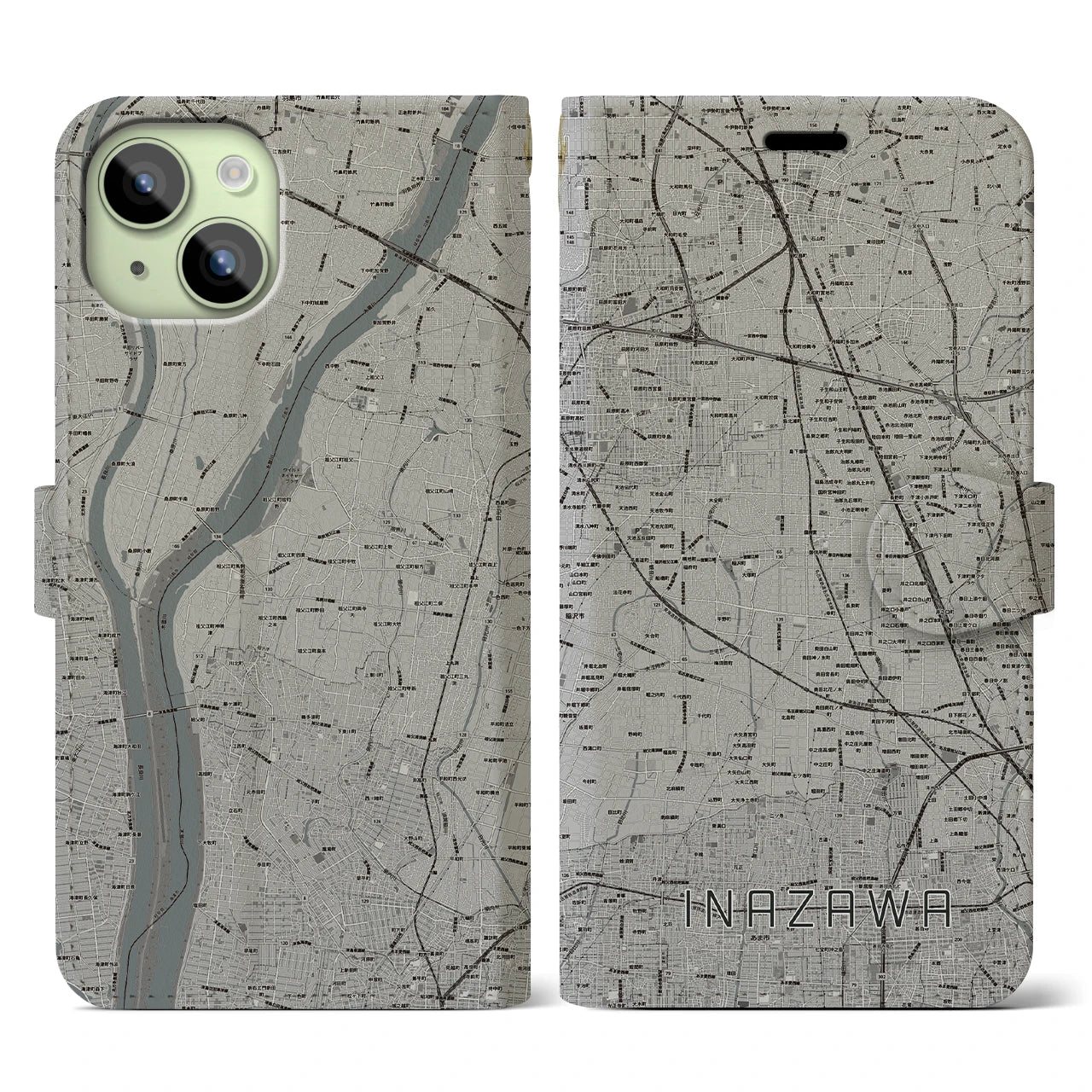 【稲沢(愛知県)】地図柄iPhoneケース(手帳タイプ)モノトーン・iPhone 15 用