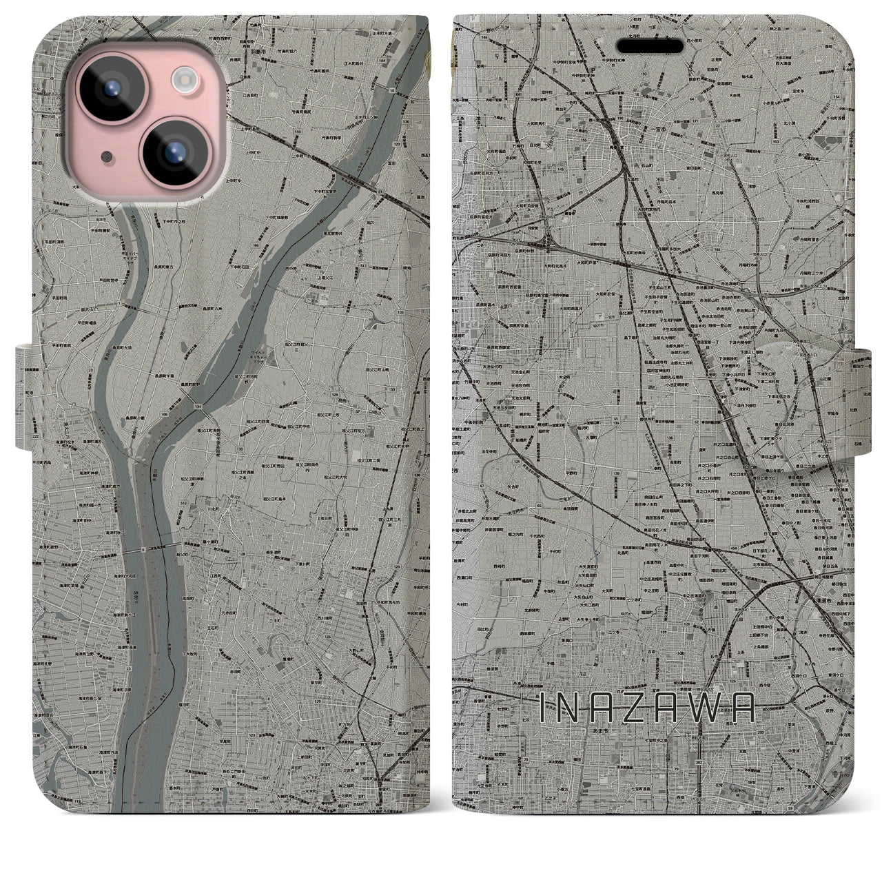 【稲沢(愛知県)】地図柄iPhoneケース(手帳タイプ)モノトーン・iPhone 15 Plus 用