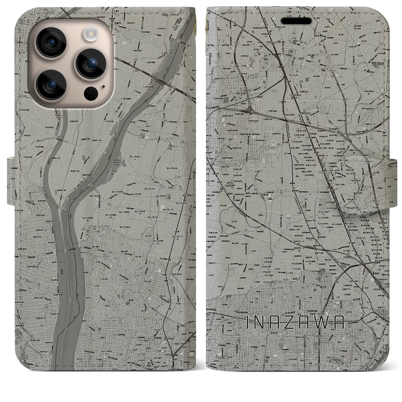 【稲沢(愛知県)】地図柄iPhoneケース(手帳タイプ)モノトーン・iPhone 16 Plus 用
