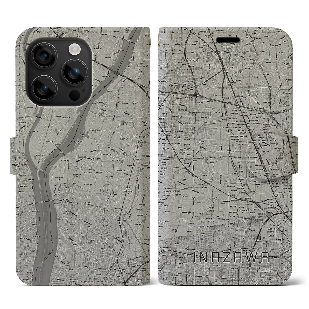 【稲沢(愛知県)】地図柄iPhoneケース(手帳タイプ)モノトーン・iPhone 16 用