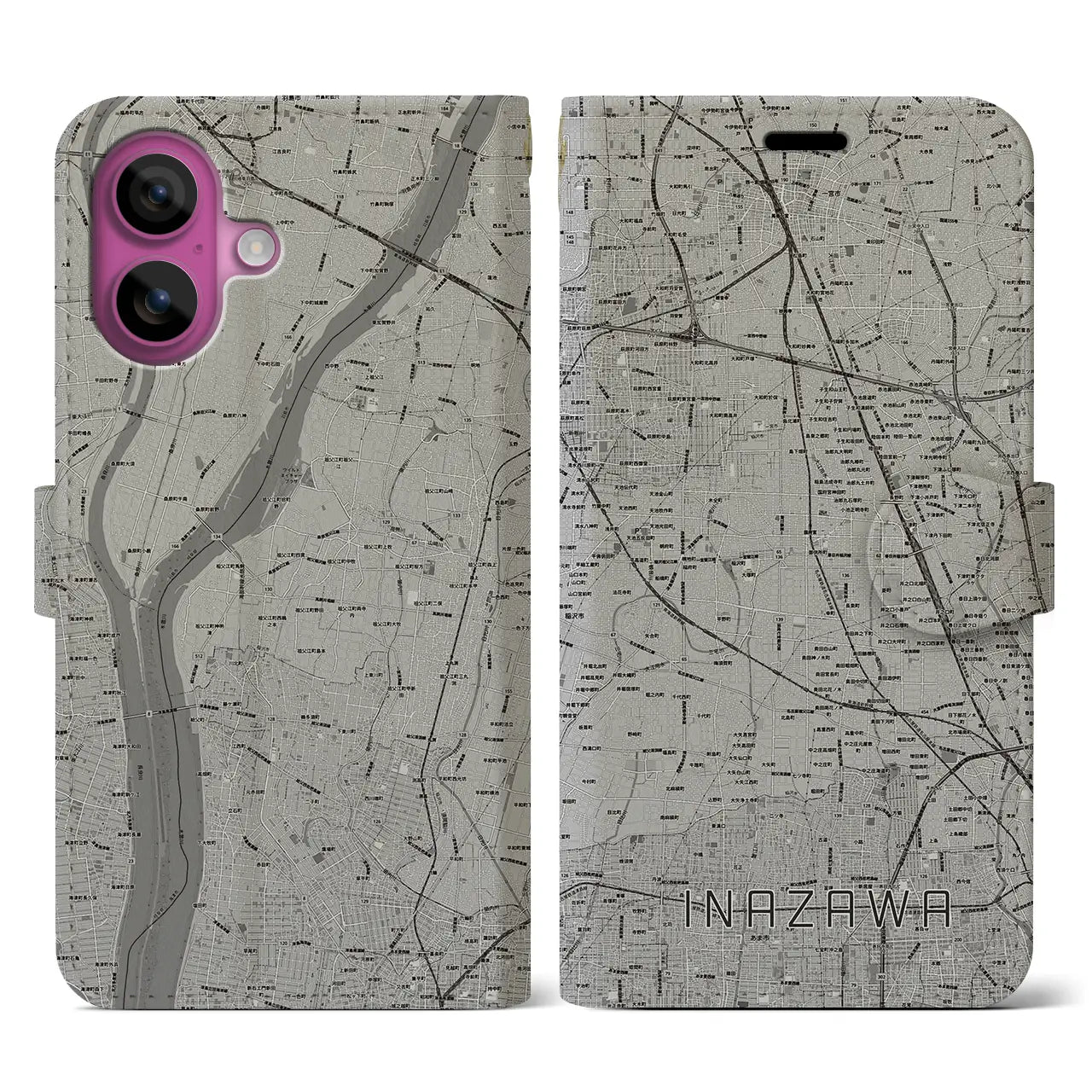 【稲沢(愛知県)】地図柄iPhoneケース(手帳タイプ)モノトーン・iPhone 16 Pro 用