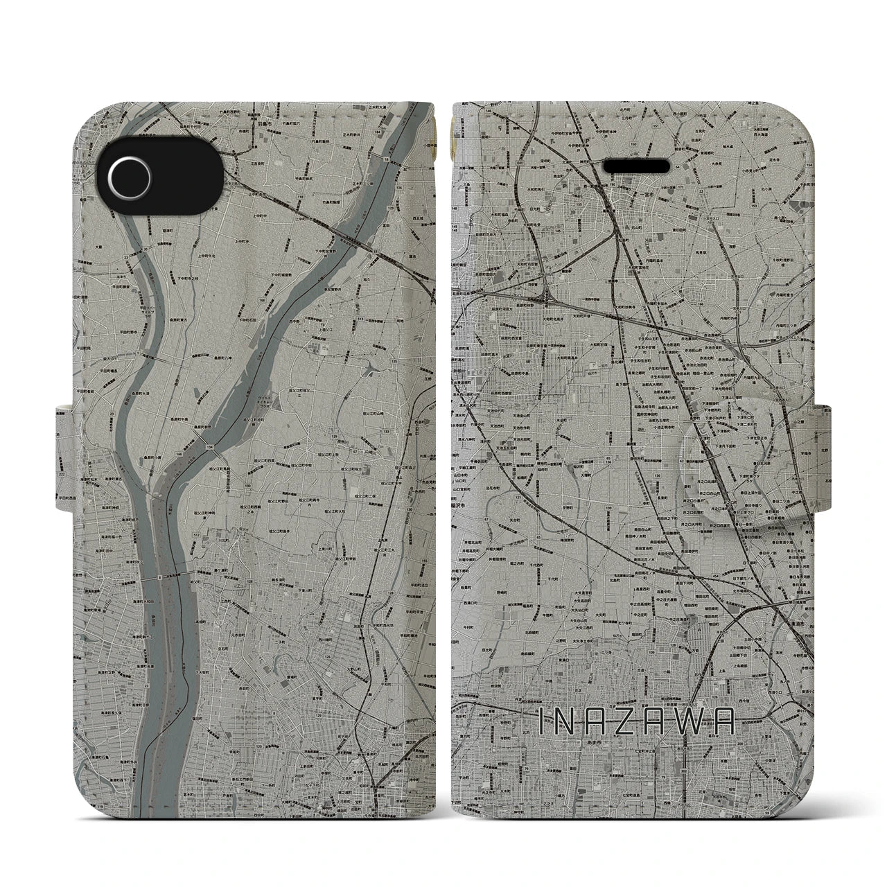 【稲沢(愛知県)】地図柄iPhoneケース(手帳タイプ)モノトーン・iPhone SE(第3 / 第2世代) / 8 / 7 / 6s / 6 用