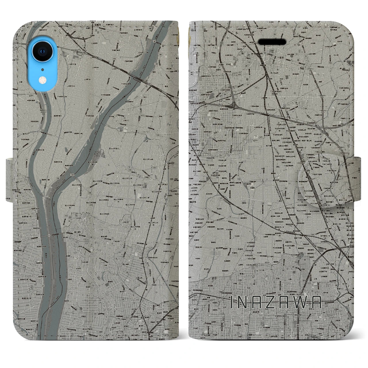 【稲沢(愛知県)】地図柄iPhoneケース(手帳タイプ)モノトーン・iPhone XR 用