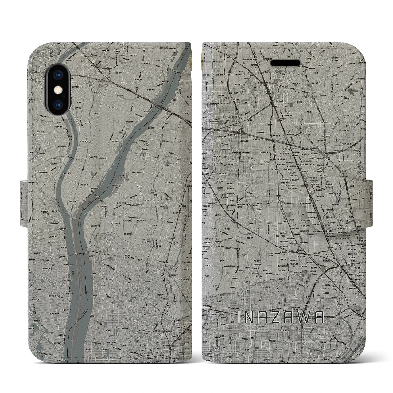 【稲沢(愛知県)】地図柄iPhoneケース(手帳タイプ)モノトーン・iPhone XS / X 用