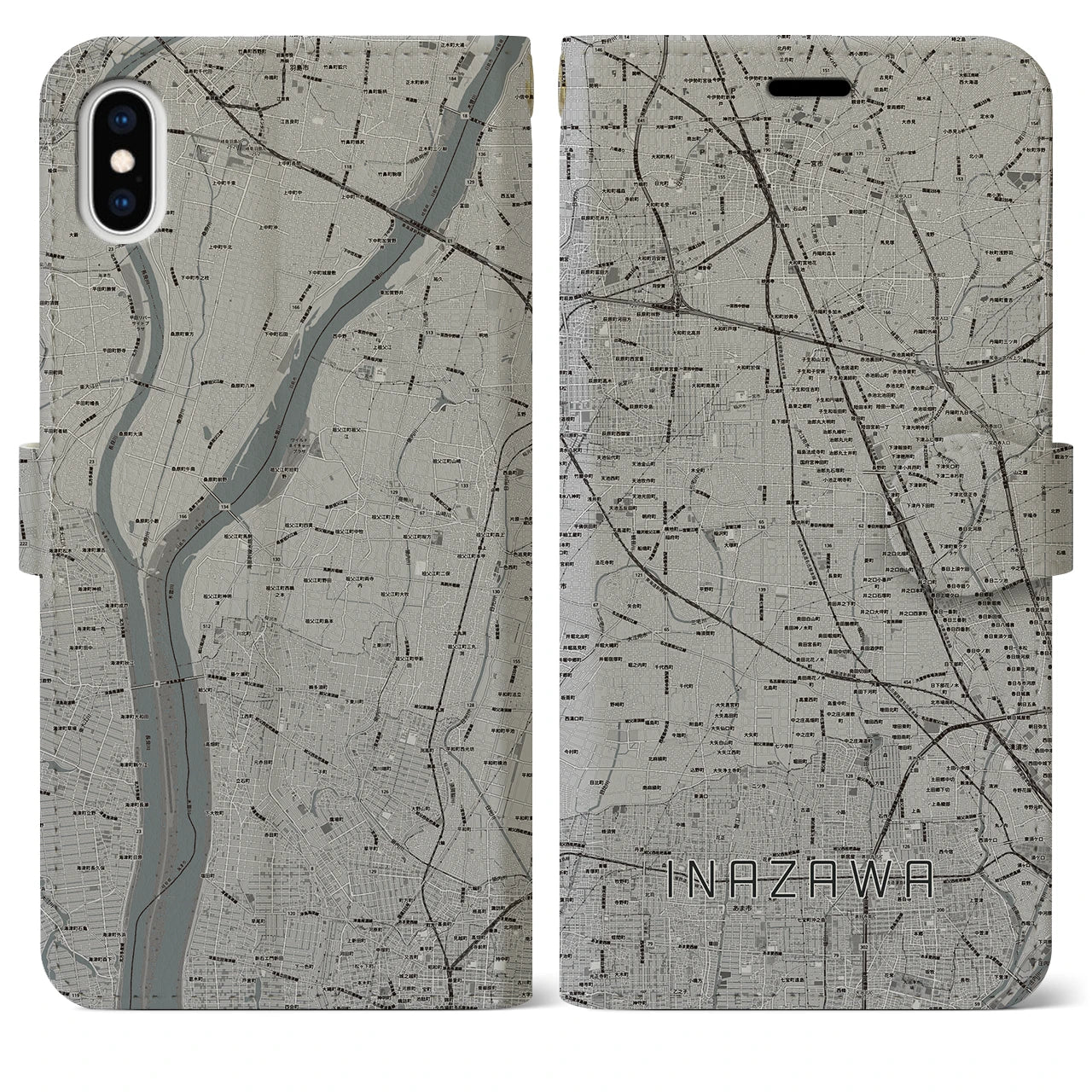 【稲沢(愛知県)】地図柄iPhoneケース(手帳タイプ)モノトーン・iPhone XS Max 用