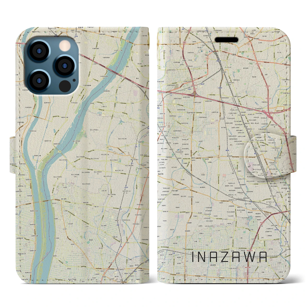 【稲沢(愛知県)】地図柄iPhoneケース(手帳タイプ)ナチュラル・iPhone 12 / 12 Pro 用