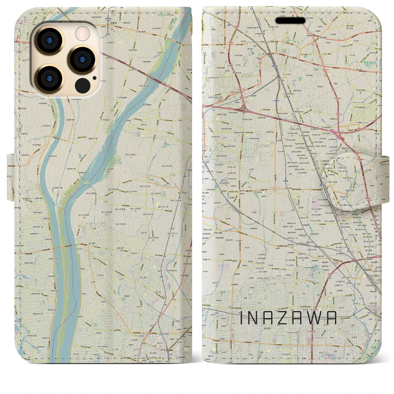 【稲沢(愛知県)】地図柄iPhoneケース(手帳タイプ)ナチュラル・iPhone 12 Pro Max 用