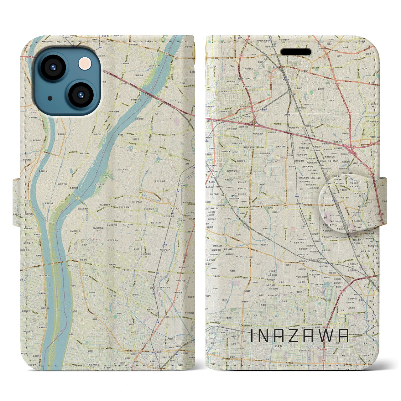 【稲沢(愛知県)】地図柄iPhoneケース(手帳タイプ)ナチュラル・iPhone 13 用