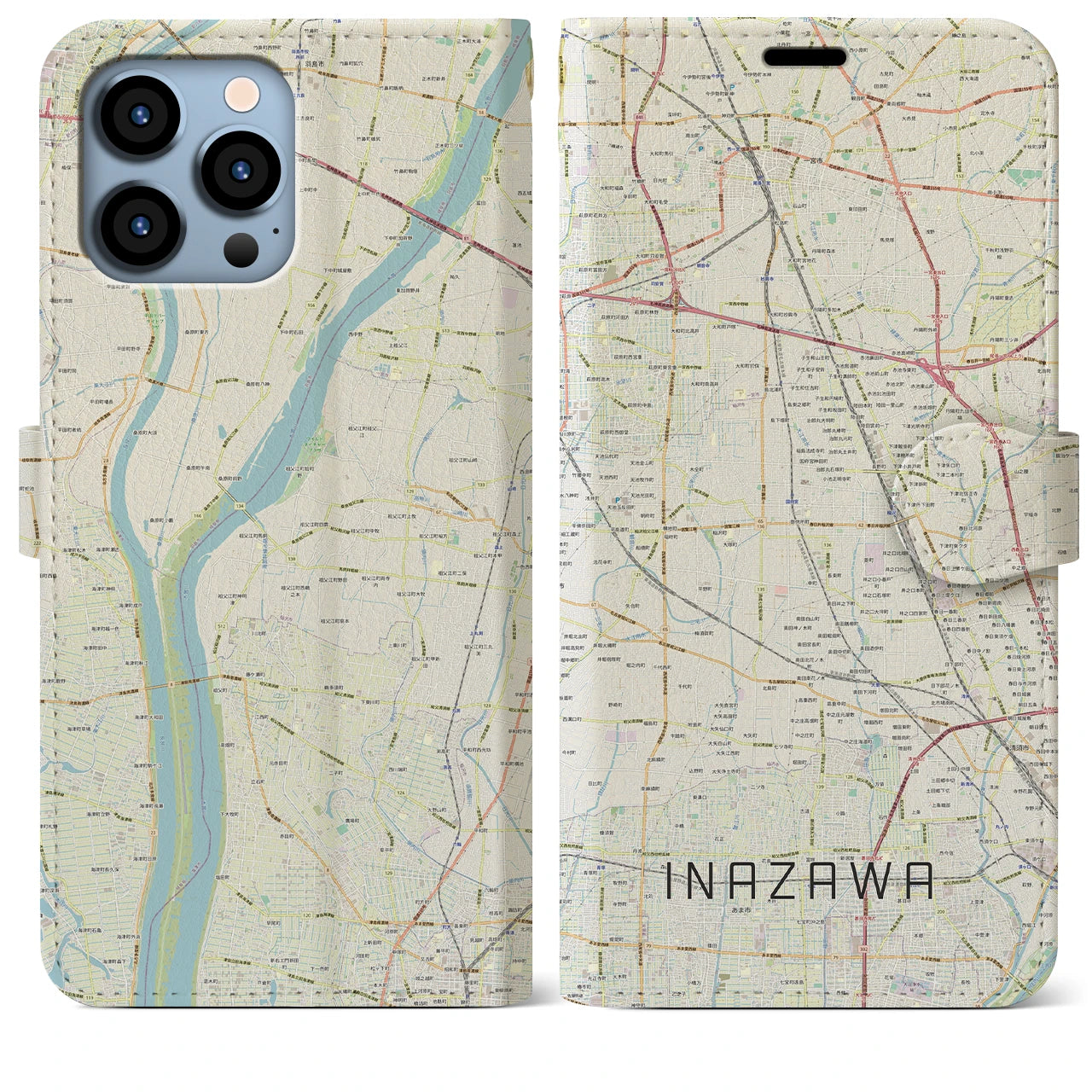 【稲沢(愛知県)】地図柄iPhoneケース(手帳タイプ)ナチュラル・iPhone 13 Pro Max 用