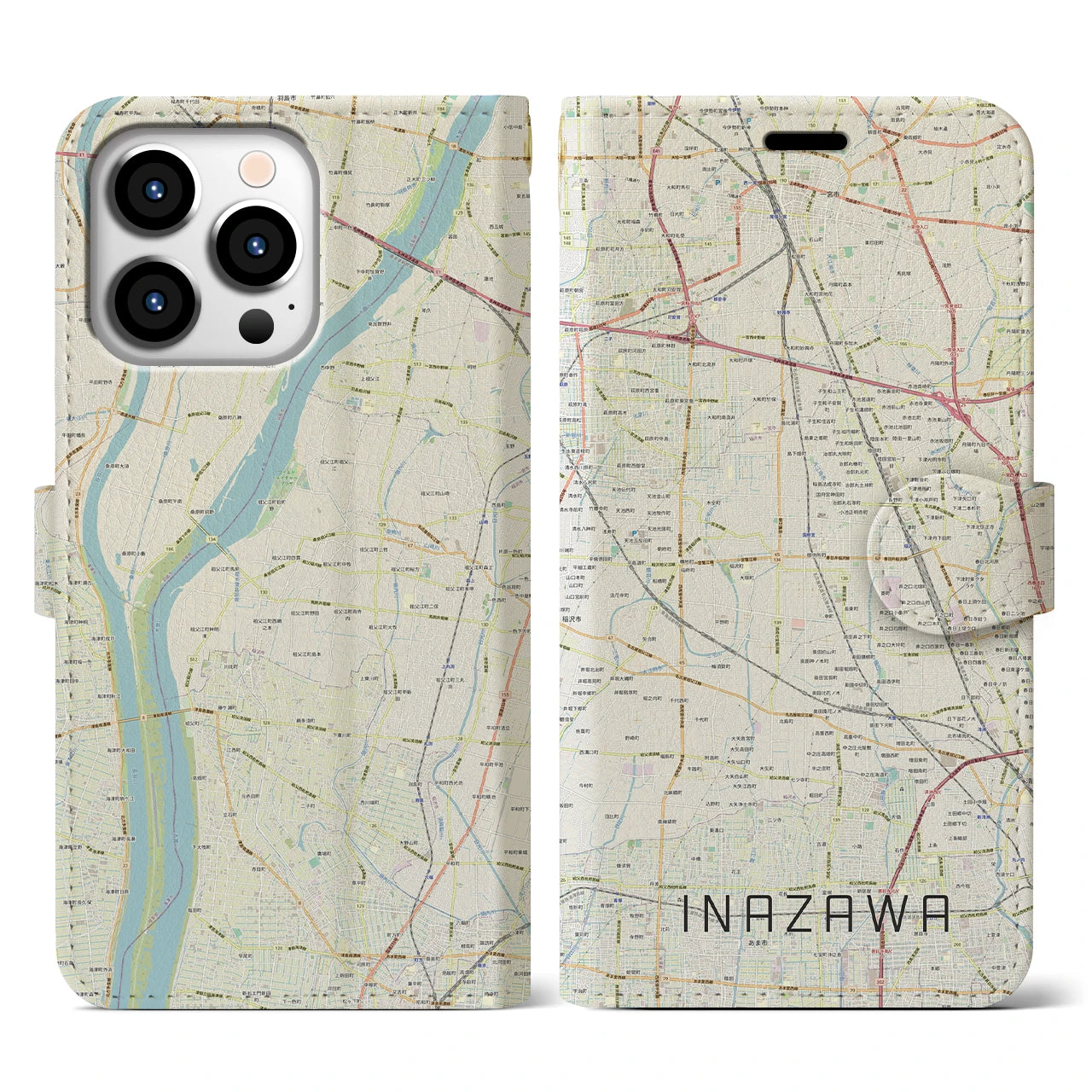 【稲沢(愛知県)】地図柄iPhoneケース(手帳タイプ)ナチュラル・iPhone 13 Pro 用