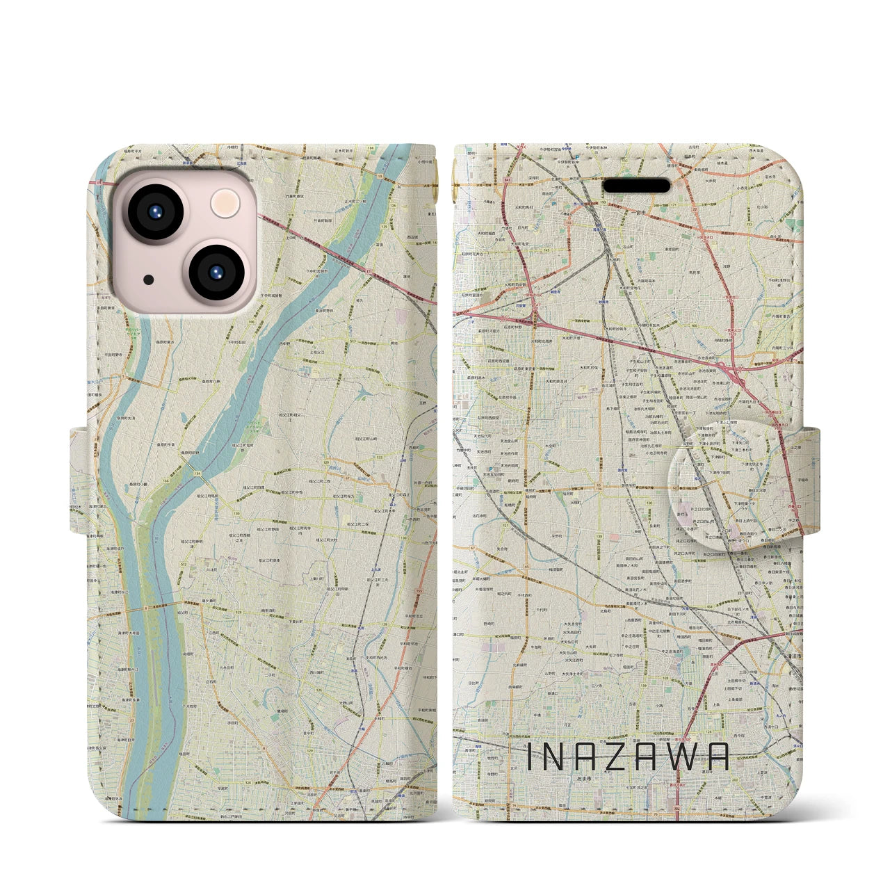 【稲沢(愛知県)】地図柄iPhoneケース(手帳タイプ)ナチュラル・iPhone 13 mini 用
