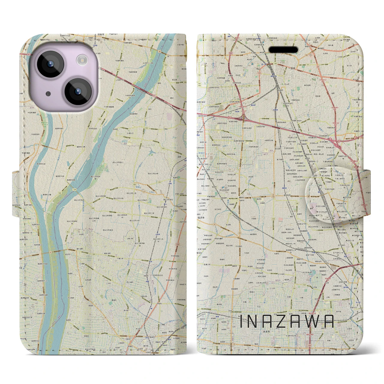 【稲沢(愛知県)】地図柄iPhoneケース(手帳タイプ)ナチュラル・iPhone 14 用