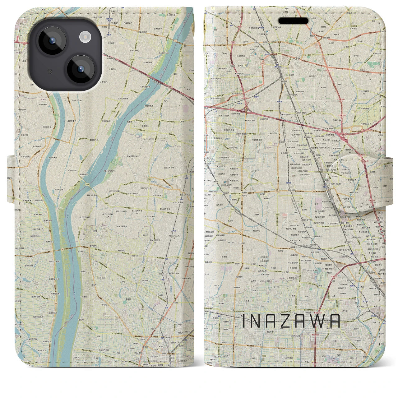 【稲沢(愛知県)】地図柄iPhoneケース(手帳タイプ)ナチュラル・iPhone 14 Plus 用
