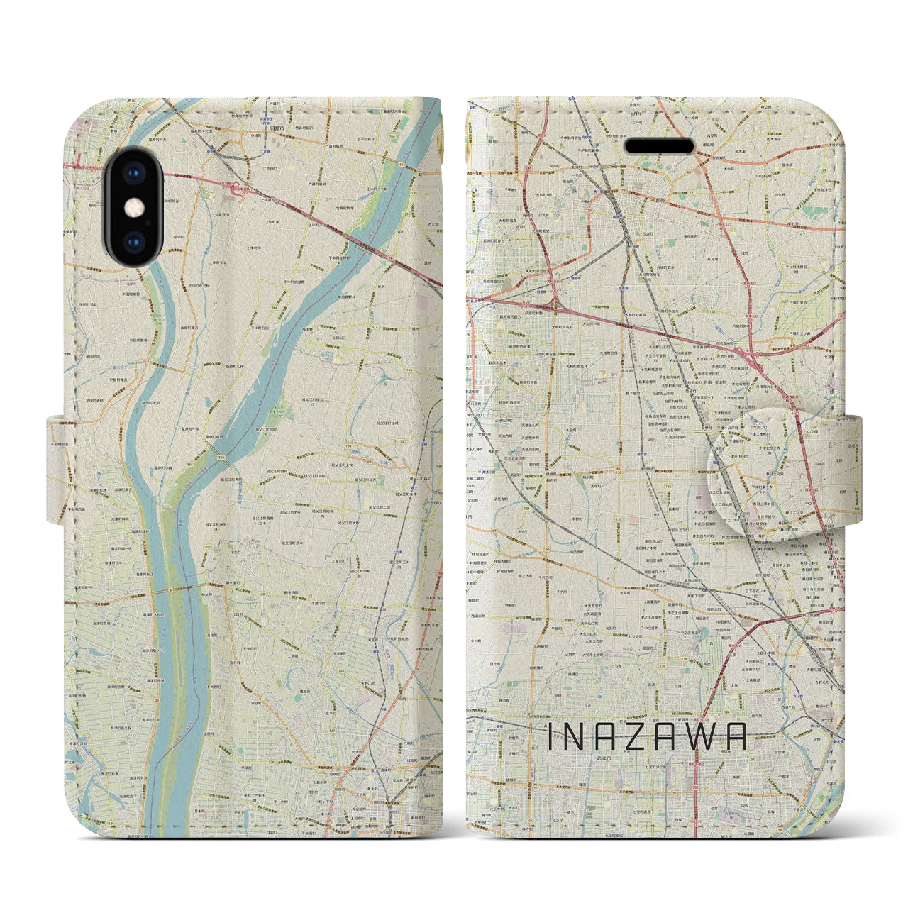 【稲沢(愛知県)】地図柄iPhoneケース(手帳タイプ)ナチュラル・iPhone XS / X 用