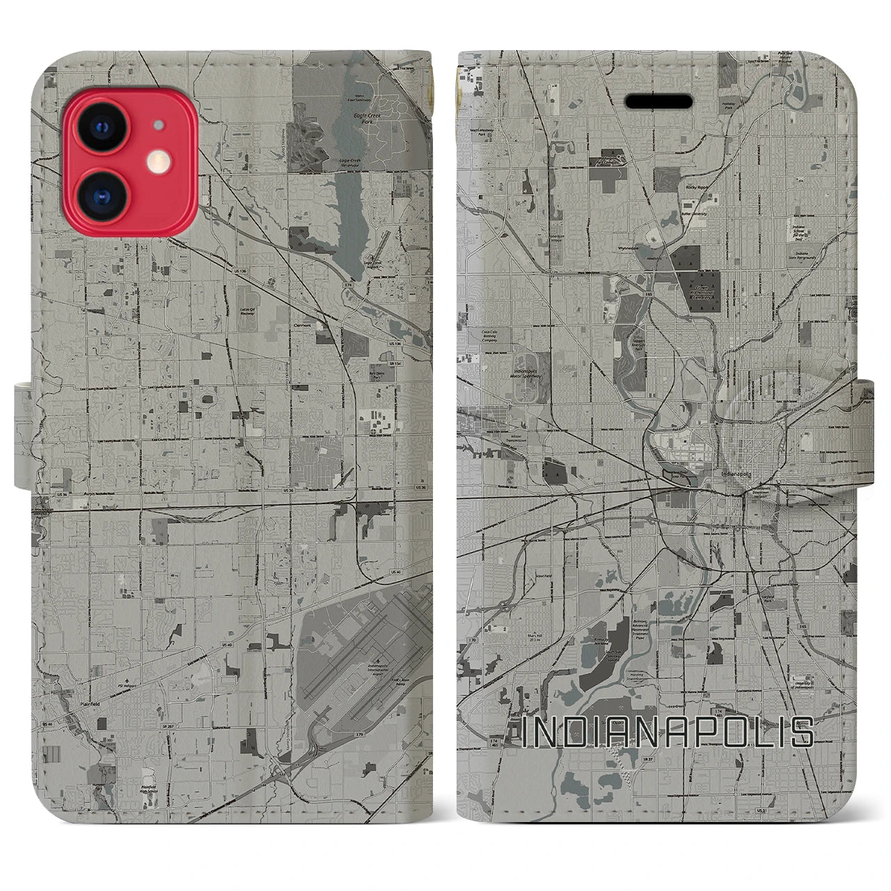 【インディアナポリス(アメリカ)】地図柄iPhoneケース(手帳タイプ)モノトーン・iPhone 11 用