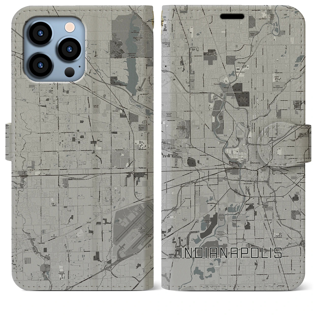 【インディアナポリス(アメリカ)】地図柄iPhoneケース(手帳タイプ)モノトーン・iPhone 13 Pro Max 用