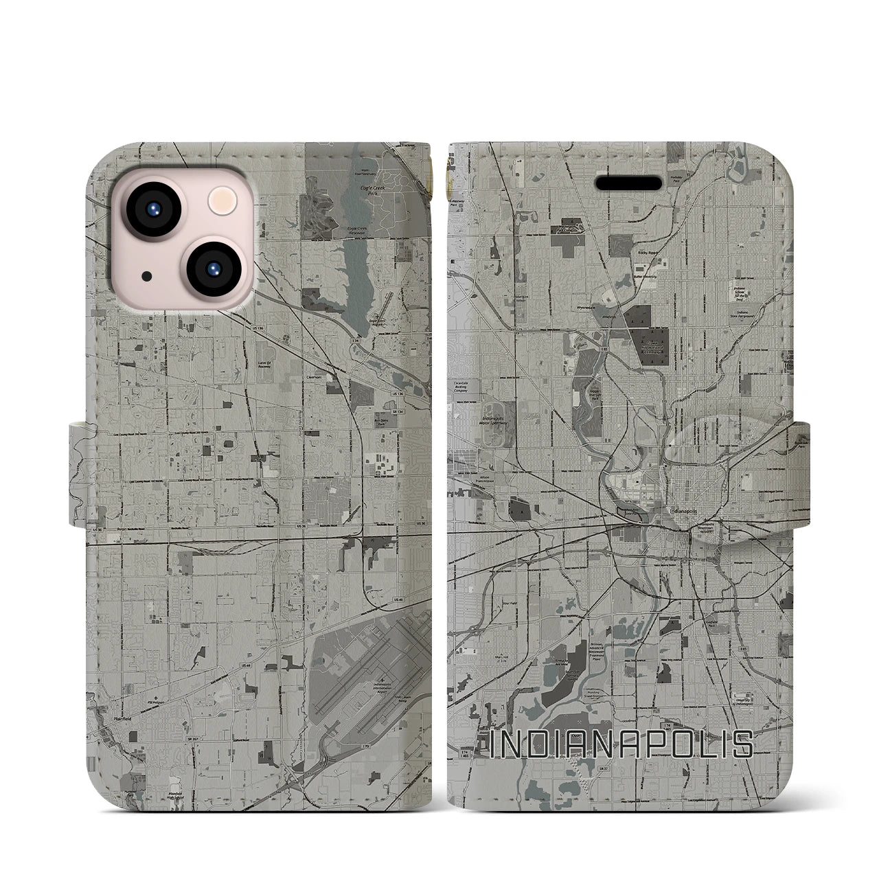 【インディアナポリス(アメリカ)】地図柄iPhoneケース(手帳タイプ)モノトーン・iPhone 13 mini 用