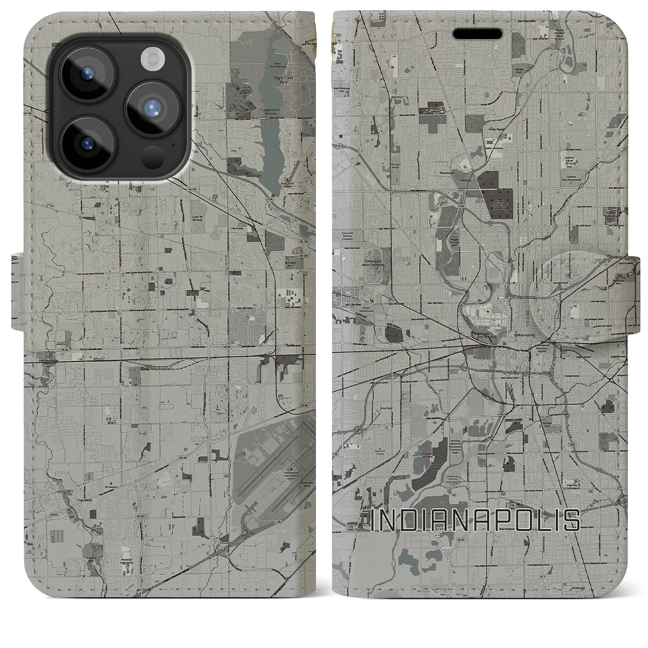 【インディアナポリス(アメリカ)】地図柄iPhoneケース(手帳タイプ)モノトーン・iPhone 15 Pro Max 用