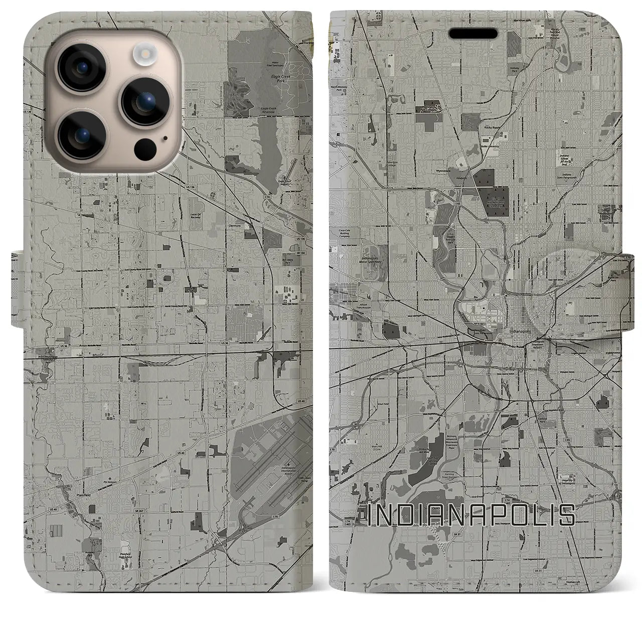 【インディアナポリス(アメリカ)】地図柄iPhoneケース(手帳タイプ)モノトーン・iPhone 16 Plus 用