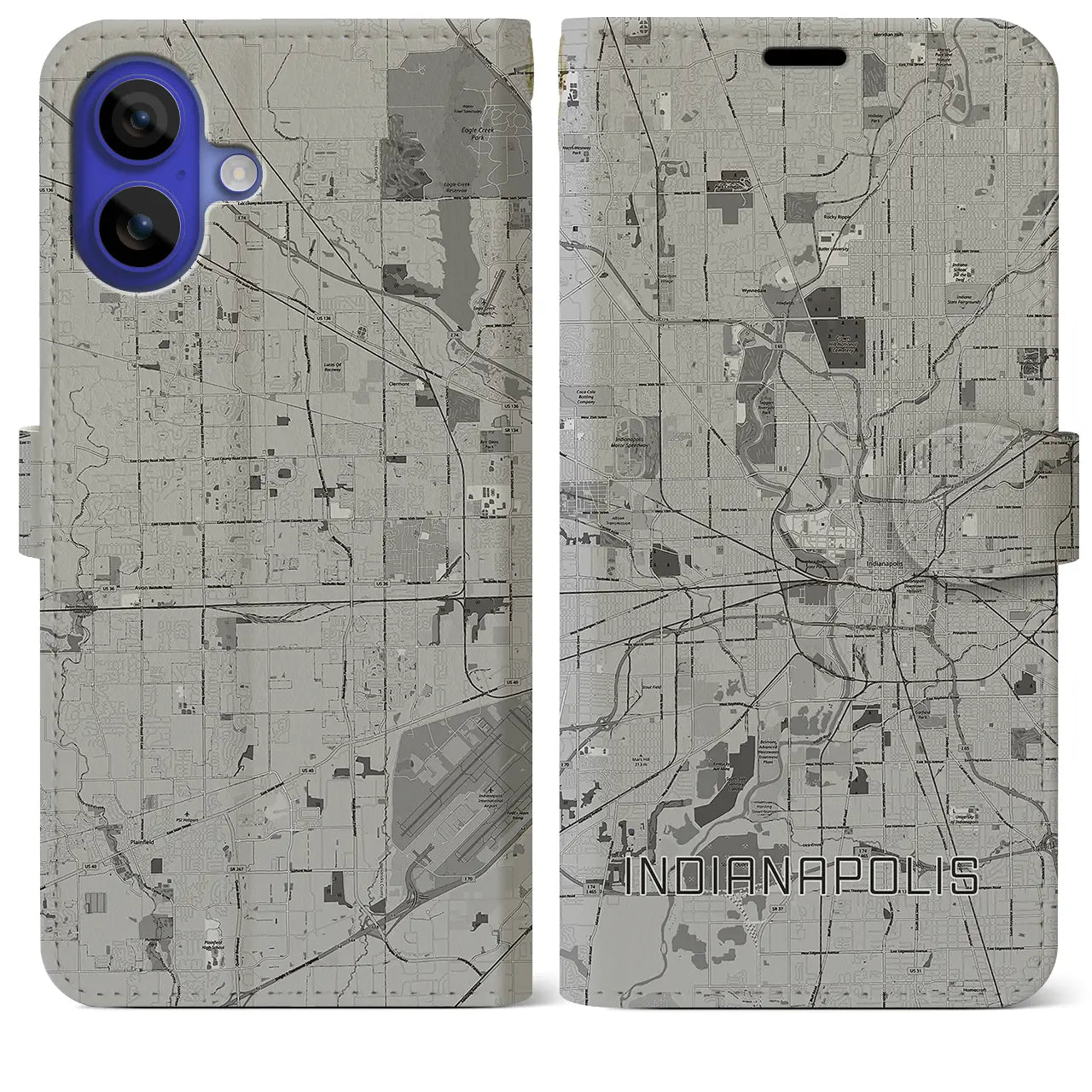 【インディアナポリス(アメリカ)】地図柄iPhoneケース(手帳タイプ)モノトーン・iPhone 16 Pro Max 用