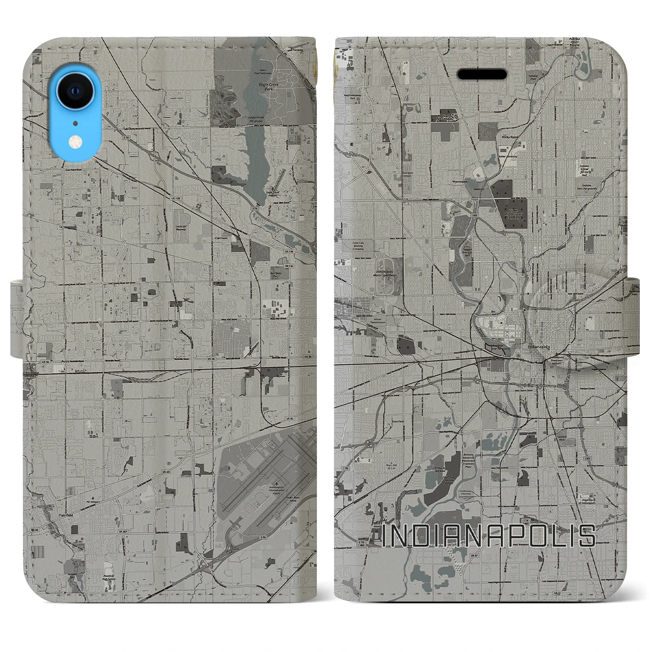 【インディアナポリス(アメリカ)】地図柄iPhoneケース(手帳タイプ)モノトーン・iPhone XR 用