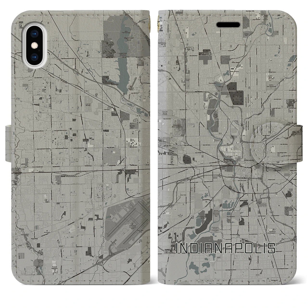 【インディアナポリス(アメリカ)】地図柄iPhoneケース(手帳タイプ)モノトーン・iPhone XS Max 用
