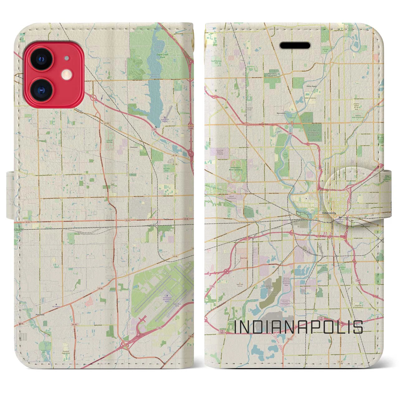 【インディアナポリス(アメリカ)】地図柄iPhoneケース(手帳タイプ)ナチュラル・iPhone 11 用