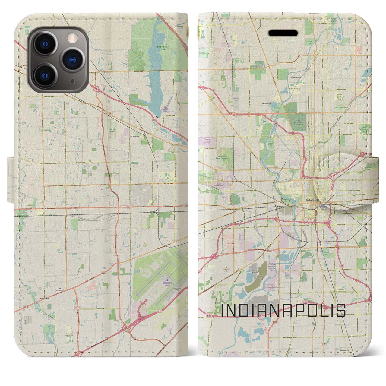 【インディアナポリス(アメリカ)】地図柄iPhoneケース(手帳タイプ)ナチュラル・iPhone 11 Pro Max 用