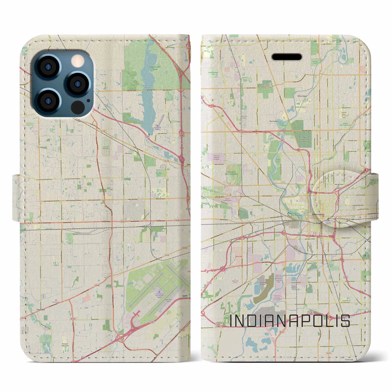 【インディアナポリス(アメリカ)】地図柄iPhoneケース(手帳タイプ)ナチュラル・iPhone 12 / 12 Pro 用