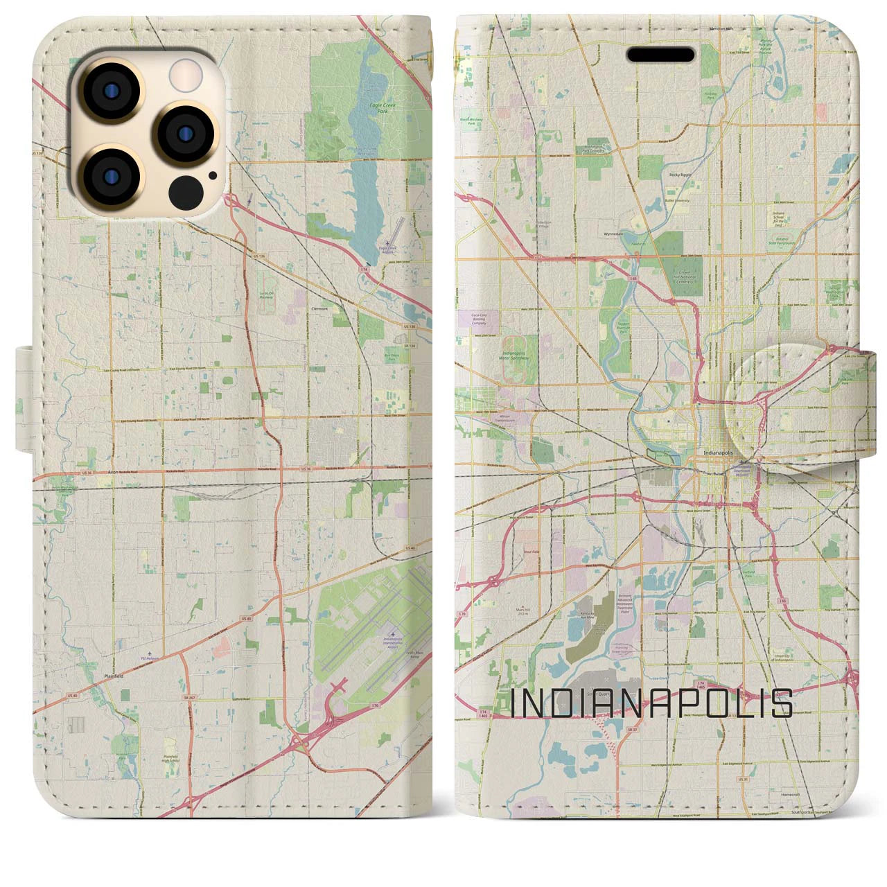 【インディアナポリス(アメリカ)】地図柄iPhoneケース(手帳タイプ)ナチュラル・iPhone 12 Pro Max 用