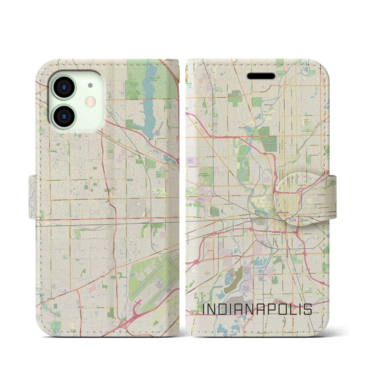 【インディアナポリス(アメリカ)】地図柄iPhoneケース(手帳タイプ)ナチュラル・iPhone 12 mini 用
