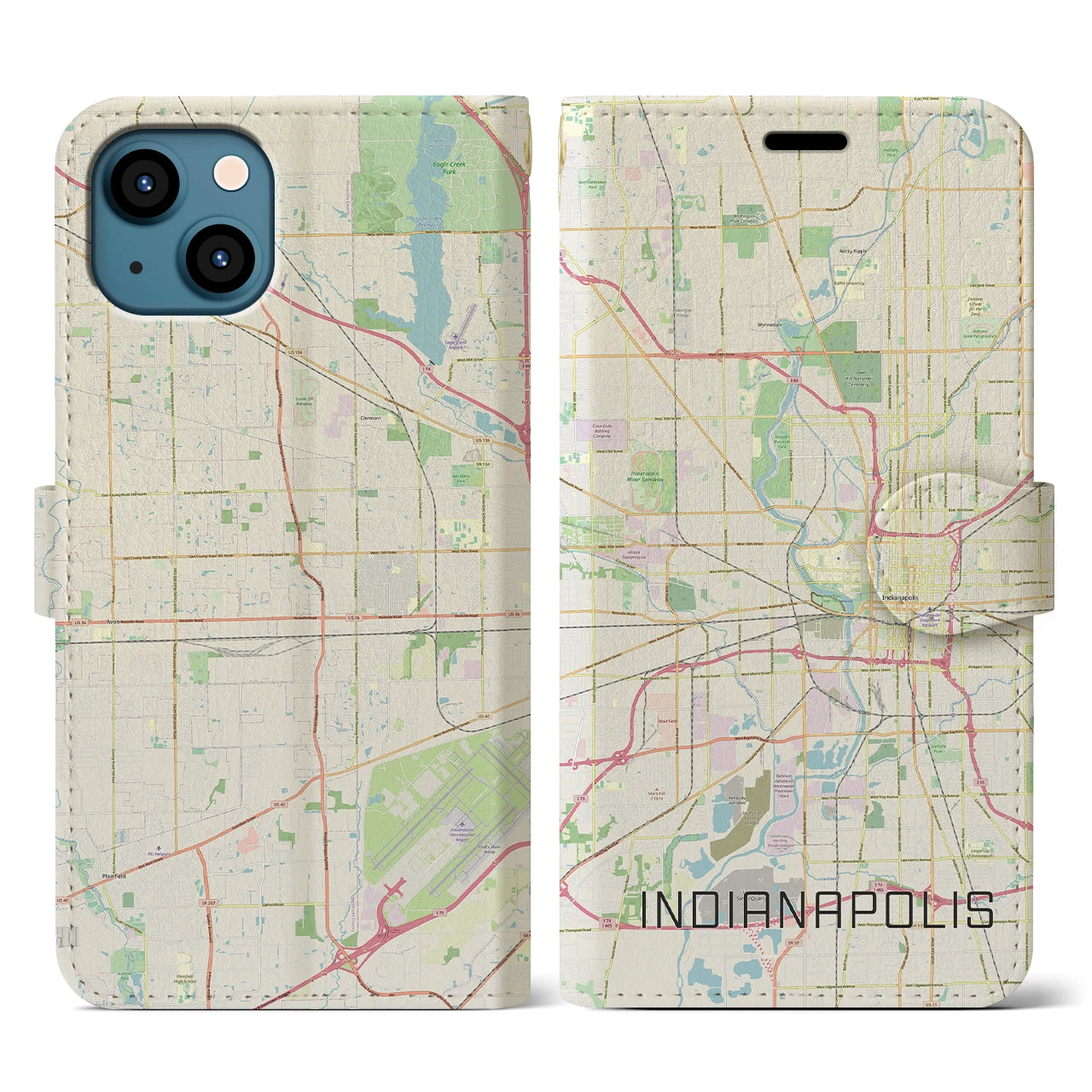 【インディアナポリス(アメリカ)】地図柄iPhoneケース(手帳タイプ)ナチュラル・iPhone 13 用