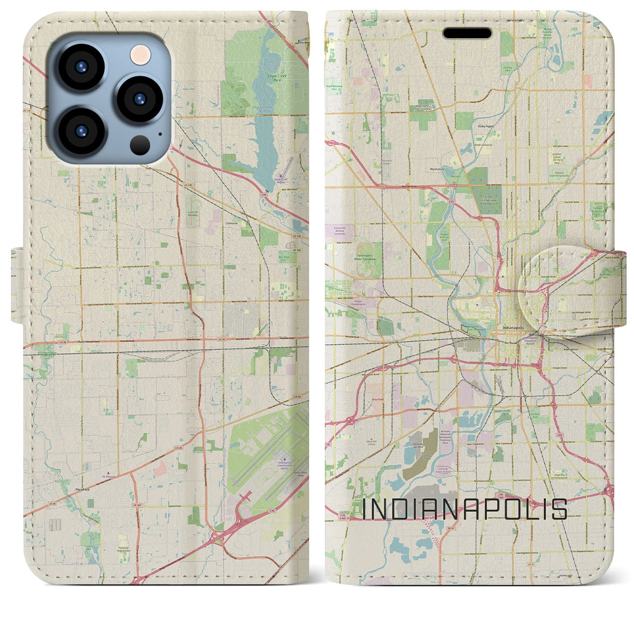 【インディアナポリス(アメリカ)】地図柄iPhoneケース(手帳タイプ)ナチュラル・iPhone 13 Pro Max 用