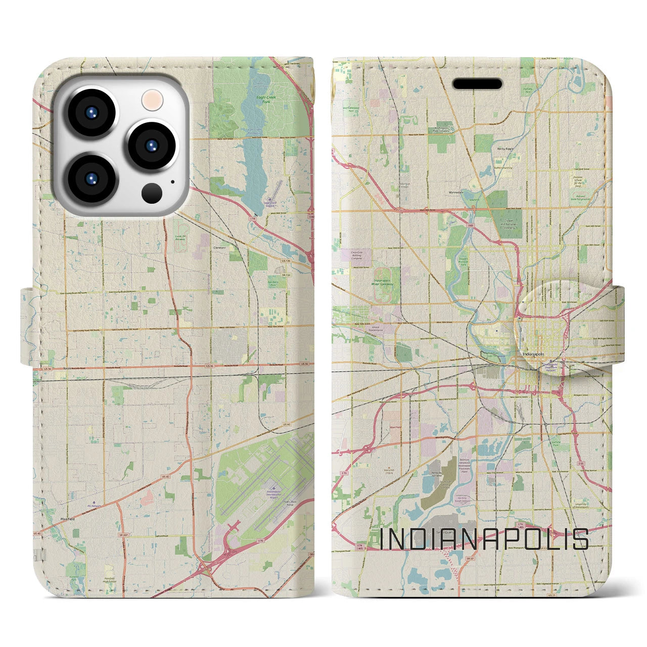 【インディアナポリス(アメリカ)】地図柄iPhoneケース(手帳タイプ)ナチュラル・iPhone 13 Pro 用