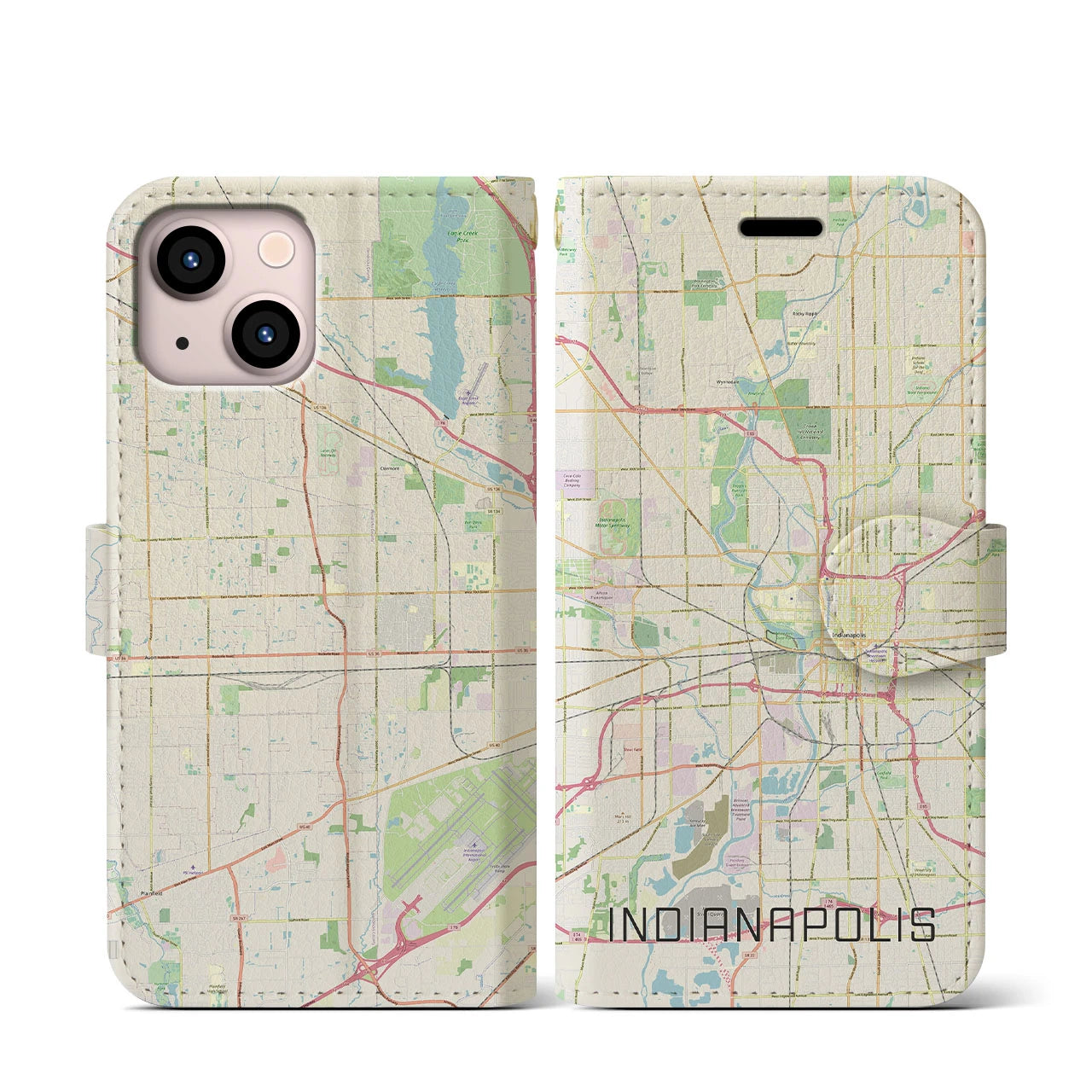 【インディアナポリス(アメリカ)】地図柄iPhoneケース(手帳タイプ)ナチュラル・iPhone 13 mini 用