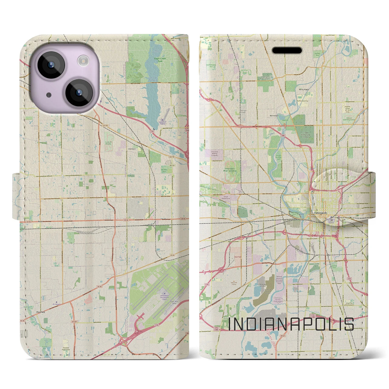 【インディアナポリス(アメリカ)】地図柄iPhoneケース(手帳タイプ)ナチュラル・iPhone 14 用