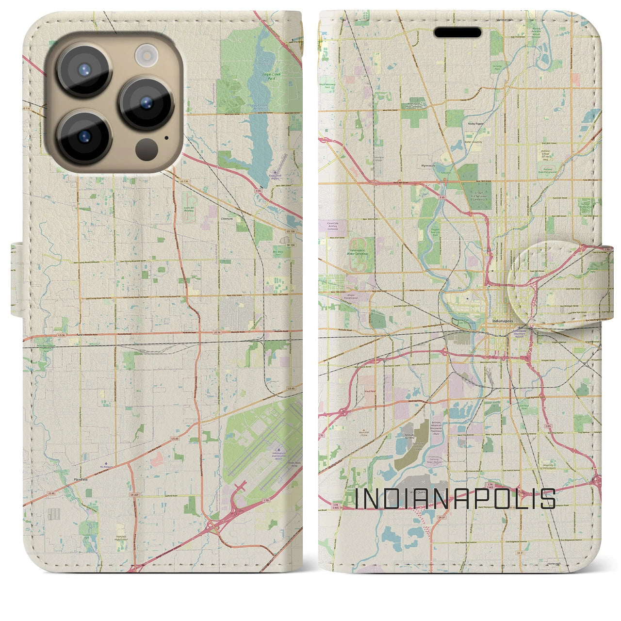 【インディアナポリス(アメリカ)】地図柄iPhoneケース(手帳タイプ)ナチュラル・iPhone 14 Pro Max 用
