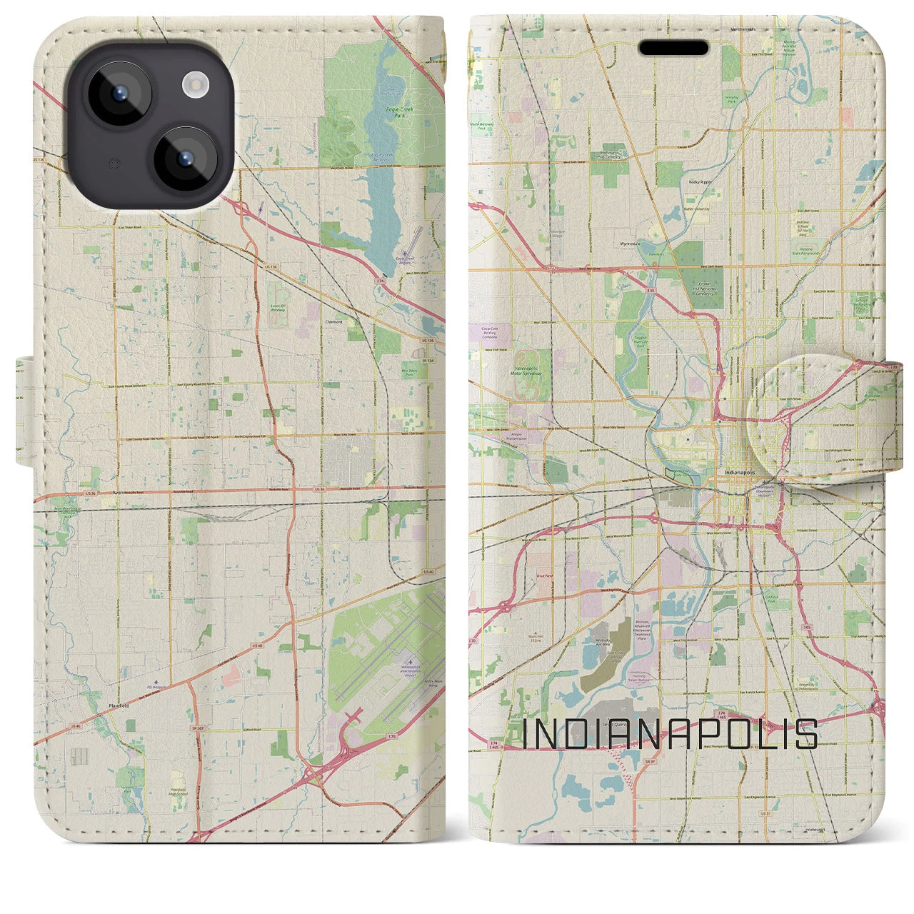 【インディアナポリス(アメリカ)】地図柄iPhoneケース(手帳タイプ)ナチュラル・iPhone 14 Plus 用